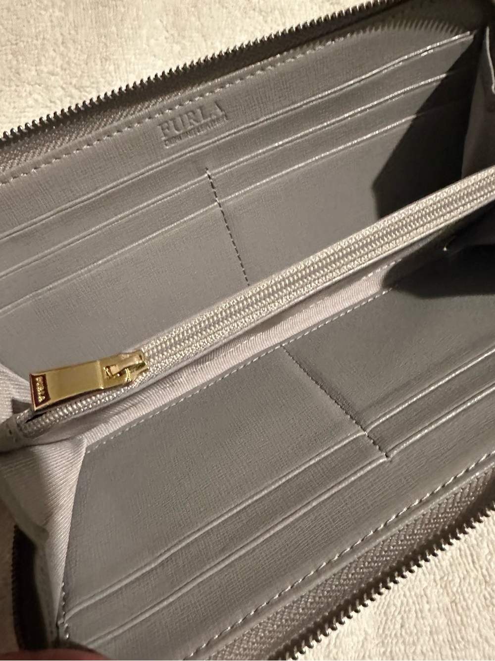 Furla Gray Zip Around Wallet Gold Tone Hardware Saffiano Leather Like New - Picture 8 of 13